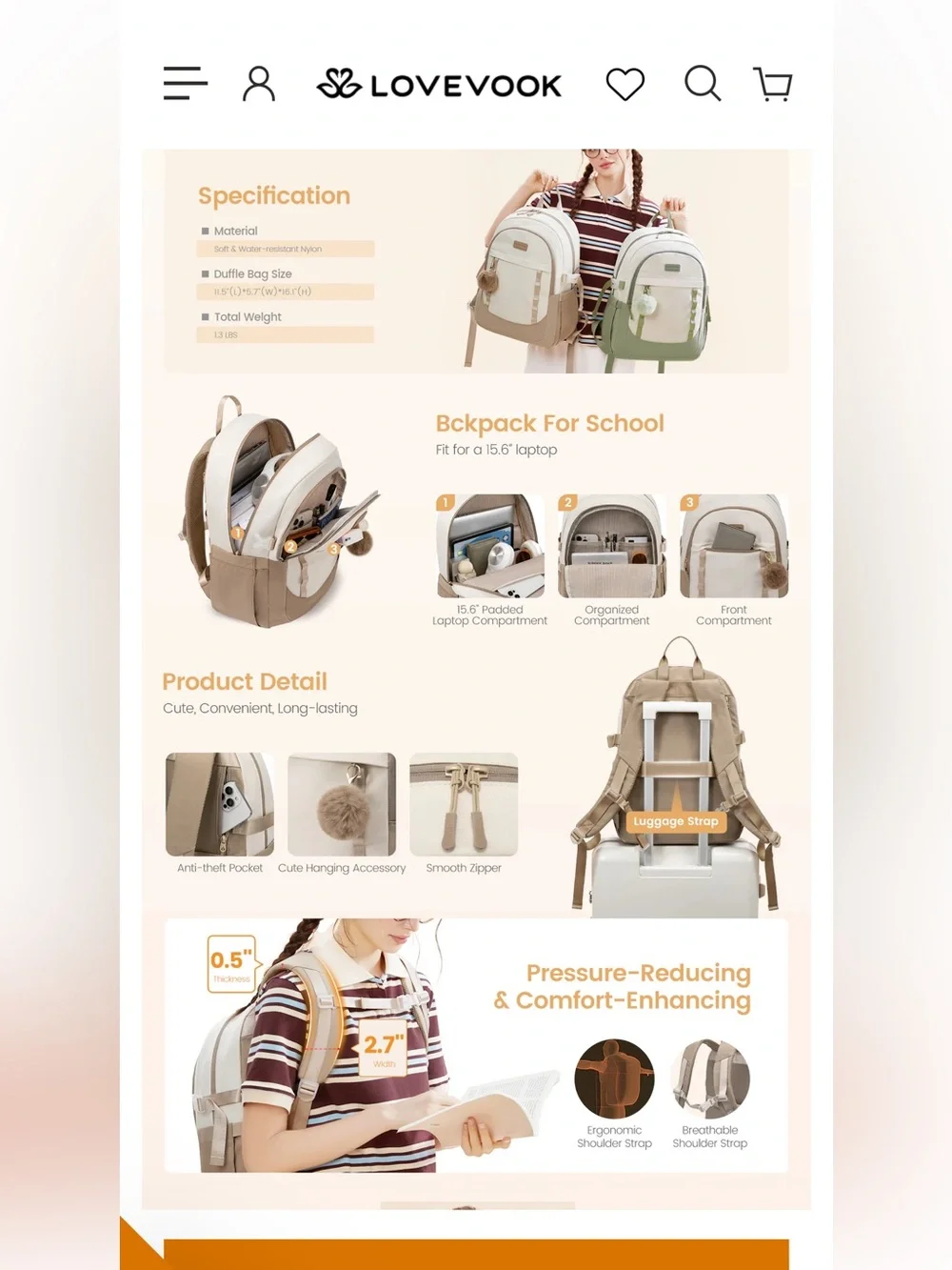 Two-Tone Black and Cream Backpack with Pom Pom Charm